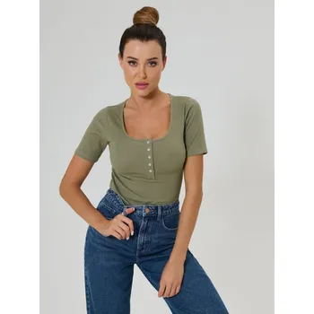 Dámské tričko Sinsay - Žebrované tričko s knoflíky - khaki - 501EU-87X - 501EU-87X-XS