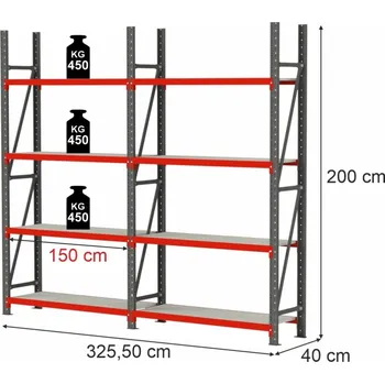 Dílenský regál Skladový regál FORTIS, 8policový, výška 200 cm, délka 325,5 cm, hloubka 40 cm