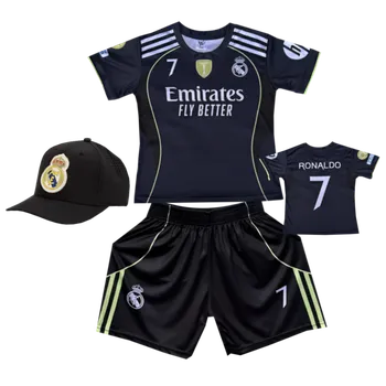 Fotbal Numberoplus Premium dětský fotbalový dres Komplet + Fotbalová kšiltovka Real Madrid FC 2025/2026 black - Cristiano Ronaldo.CR7 Fly Better Velikost: 10-let (vel.134)