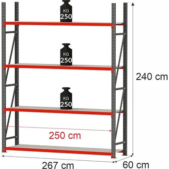 Dílenský regál Regalydoskladu Kovový skladový regál se 4 policemi FORTIS 240x267x60 cm, základní modul
