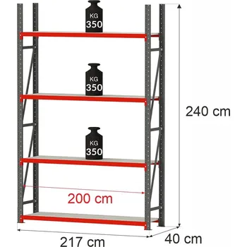 Dílenský regál Regalydoskladu Kovový skladový regál se 4 policemi FORTIS 240x217x40 cm, základní modul