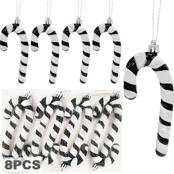 Vánoční dekorace 8 ks třpytivých cukrových hůlek vánoční ozdoby na stromeček, černé a bílé, 13CM cukrové hůlky