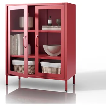 Šatní skříň Nízka prosklená vitrína červená: Moderní GINA, 800 x 1015 x 400 mm