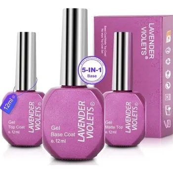 Levandulové fialky 3 ks, matný lesklý vrchní lak, 5v1 zpevňující podkladový gel - 12ml, UV LED lak