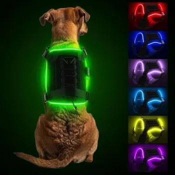 Postroj pro psa Dobíjecí postroj pro psy, taktický LED nastavitelný postroj bez tahu, RGB blikající světlo s