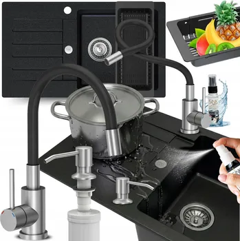 Granitový dřez DŘEZ granitový JEDNOKOMOROVÝ S ODKAPÁVAČEM dřez ČERNÁ METALÍZA 10v1