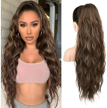 Čelenka REECHO Prodlužování vlasů do culíku, 66 cm dlouhé plážové vlnité prodloužení vlasů se stahovací