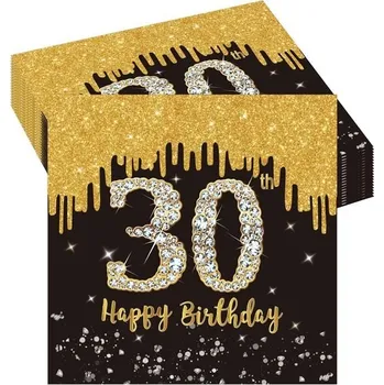 Party dekorace Balení 20 narozeninových ubrousků, papírové ubrousky k 30. narozeninám, černo-zlaté papírové