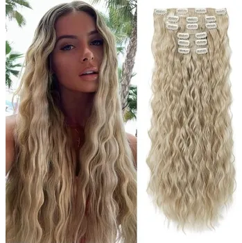 Čelenka FLUFYMOOZ Clip-in prodlužování vlasů, 61 cm 6 ks dlouhé vlnité clip-in prodlužování vlasů, silné