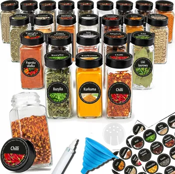 Sklenice 24x skleněné dózy na koření, skleničky, 144 samolepky, trychtýř, sklenice