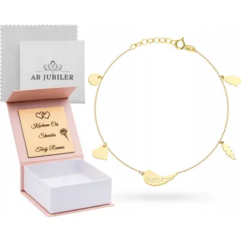 Náramek Zlatý náramek 585 na nohu s visacími srdíčky, křídlem, pírkem a kolečky