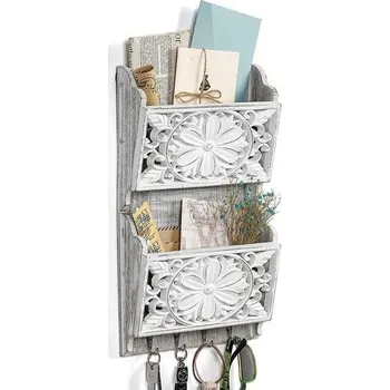 Úložný box Optyuwah zásobník na dopisy, stojan na noviny, dřevěný stojan se 4 háčky na klíče, ošuntělý bílý