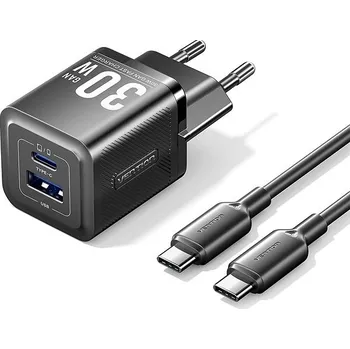 Vention 2-Port USB (C + A) GaN Charger (30W/30W) with USB-C to USB-C Cable (1M) EU-Plug Black