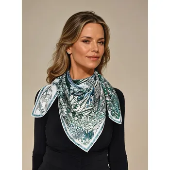 Šátek BoSETA S.r.l. Italy Twill hedvábný oboustranný šátek modrá - zelená vzor PUMA - PANTER 90 cm