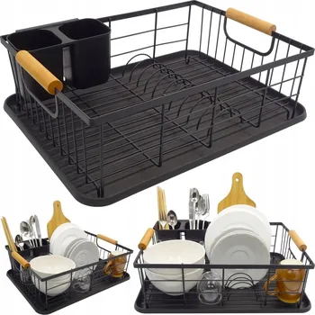Odkapávač na nádobí ODKAPÁVAČ NA NÁDOBÍ NA TALÍŘE PŘÍBORY STOJÍCÍ S TÁCEM ČERNÝ