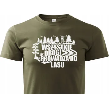 Pánské tričko Pánské khaki lovecké tričko s potiskem WSZYSTKIE DROGI PROWADZĄ DO LASU - XL