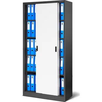 Šatní skříň Kancelářská kovová skříň s posuvnými dveřmi KUBA, 900 x 1850 x 400 mm, antracitově-bílá