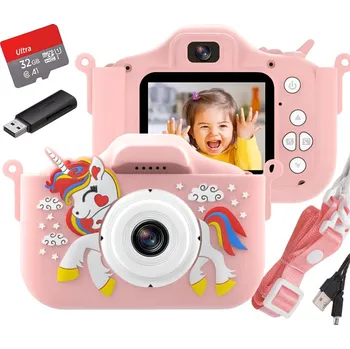 IP kamera DĚTSKÝ DIGITÁLNÍ FOTOAPARÁT S DVĚMA OBJEKTIVY A SELFIE FUNKCÍ FULL HD JEDNOROŽEC + 32GB KARTA