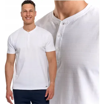 Pánské tričko PÁNSKÉ TRIČKO BAVLNĚNÉ HENLEY MORAJ KLASICKÉ S KRÁTKÝM RUKÁVEM BÍLÉ 3XL