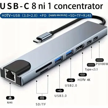 USB hub Adaptér / Hub 8v1 USB-C HDMI 4K RJ45 USB 3.0 čtečka SD TF Power Delivery