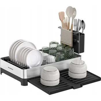 Odkapávač na nádobí Rozšiřitelný odkapávač na nádobí s odkapávačem na příbory z nerezové oceli