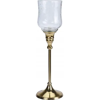 Svícen Skleněný lampion GLAMOUR, vysoký, elegantní, na zlaté noze, 29 Cm