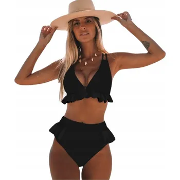 Dámské plavky PLAVKY S VYSOKÝM PASEM A VOLÁNKY ČERNÉ L