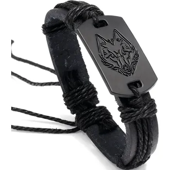 Náramek Pánský kožený náramek s motivem vlka – černý - Černá