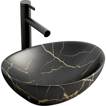Umyvadlo UMYVADLO NA DESKU ČERNÉ MATNÉ MRAMOROVÉ SE ŽILKAMI OVÁLNÉ KERAMICKÉ 41x34,5 CM