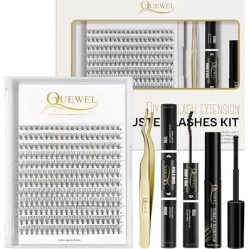 QUEVEL Sada pro prodloužení řas pro kutily, 144 ks řasových shluků, aplikátor, lepidlo a tmel Super