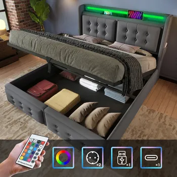 Postel Čalouněná postel s hydraulickým zvedáním 140x200 cm s funkcí nabíjení (bez matrace)