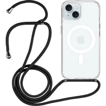 Pouzdro na mobilní telefon Transparentní kryt se šňůrkou a MagSafe pro iPhone 15 - černý