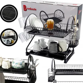 Odkapávač na nádobí ODKAPÁVAČ NA NÁDOBÍ ČERNÝ DVOUÚROVŇOVÝ PROSTORNÝ PEVNÝ 2 ODKAPÁVACÍ MISKY