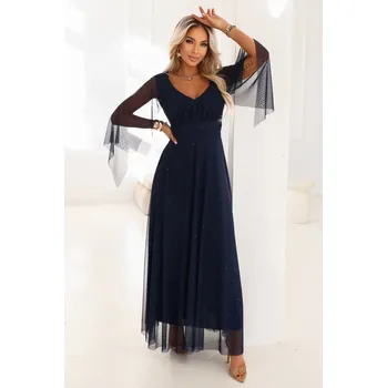 Dámské šaty 655-3 Dlouhé lehké třpytivé šaty s výstřihem a průhlednými rukávy - tmavě modré UNI