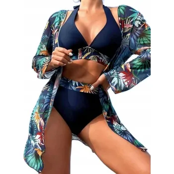 Dámské plavky TMAVĚ MODRÉ PLAVKY BIKINI KIMONO KVĚTINY TROPICKÝ VZOR VYSOKÝ PAS M