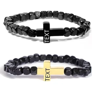 Šperk JJDreams 2ks křížový dřevěný korálkový náramek s gravírováním tibetský náramek pánský elastický