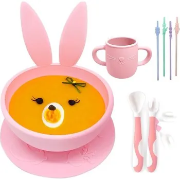 Dětské misky Brunoko s přísavkou - růžový batolecí hrnek a miska - obsahuje 1 misku, 1 hrnek,