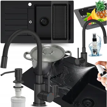 Granitový dřez DŘEZ granitový ČERNÝ JEDNOKOMOROVÝ S ODKAPÁVAČEM dřez se sadou BATERIE 10v1