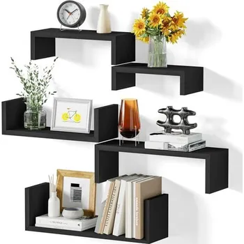 Knihovna SRIWATANA Nástěnná police černá, 5 kusů, dřevěná nástěnná police, plovoucí police max. Nosnost 40