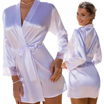 Dámský župan Saténový Župan Župan Dámský s Krajkou, Zavazovací v Pase Gina Bílý XL