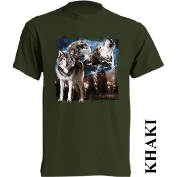 Pánské tričko levne-bavlnene-tricko-potisk-vlci-les-Mesic Barva: Khaki, velikost: M