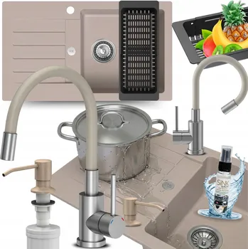 Granitový dřez DŘEZ granitový béžový JEDNOKOMOROVÝ S ODKAPÁVAČEM dřez s BATERIÍ 10v1