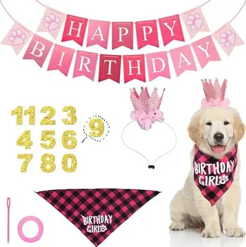 Party dekorace Sada růžových narozeninových dekorací pro psy, narozeninové dekorace pro štěňata, klobouk, šátek,