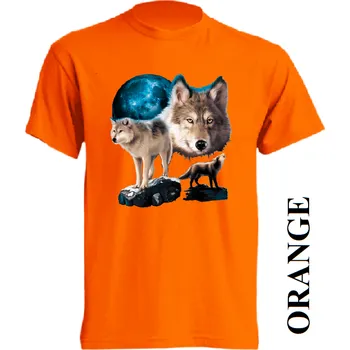 Pánské tričko levne-bavlnene-tricko-potisk-vlci-skála Barva: Orange - oranžová, velikost: S