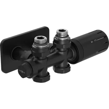 Vodovodní baterie Mexen Duplex G05, úhlová/přímá termostatická souprava s hranatou krytkou S, DN50, černá matná, W908-958-910-70