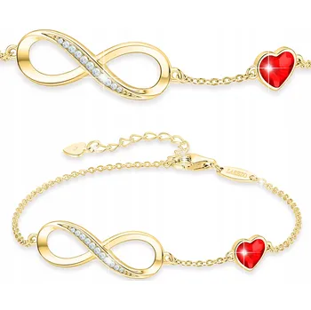 Náramek Zlatý náramek 925 Nekonečno Červená Zirkon Srdce POZLACENÝ 585