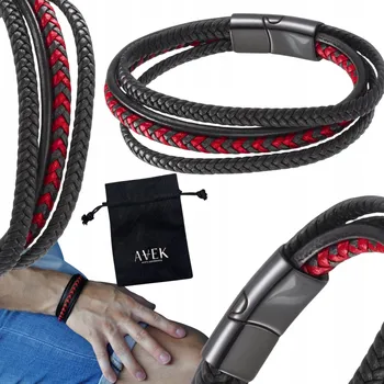 Náramek PÁNSKÝ NÁRAMEK ČERNÁ ČERVENÁ KŮŽE OCEL JAKO DÁREK 19 CM