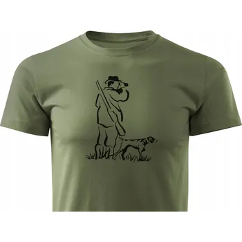 Pánské tričko Lovecká tričko T-shirt khaki barvy s velkým potiskem LOVEC SE PSEM vel. S