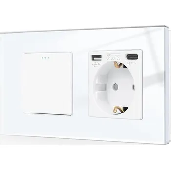 Vypínač CNBINGO s USB zásuvkou, skleněná zásuvka Schuko pro zapuštěnou montáž s USB připojením a