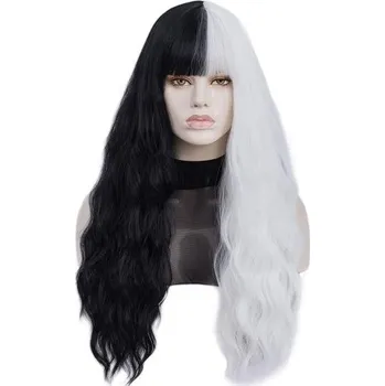 Čelenka Morticia 28 "Dlouhá kudrnatá dámská syntetická paruka s plnou ofinou a vlnitou úpravou (černobílá)"